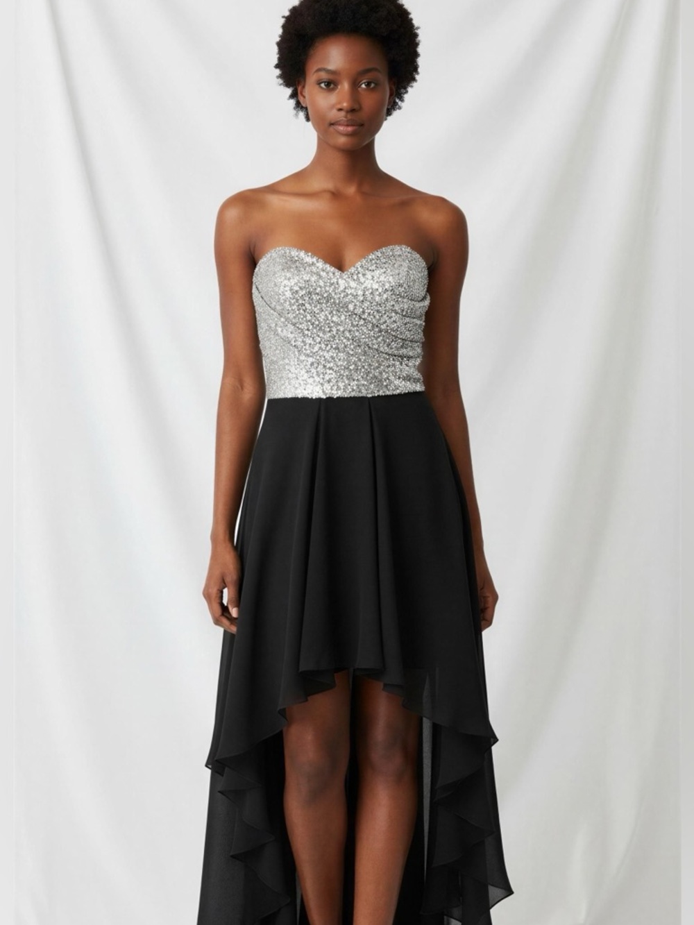 B Darlin Strapless Silver and Black High-Low Formal Dress